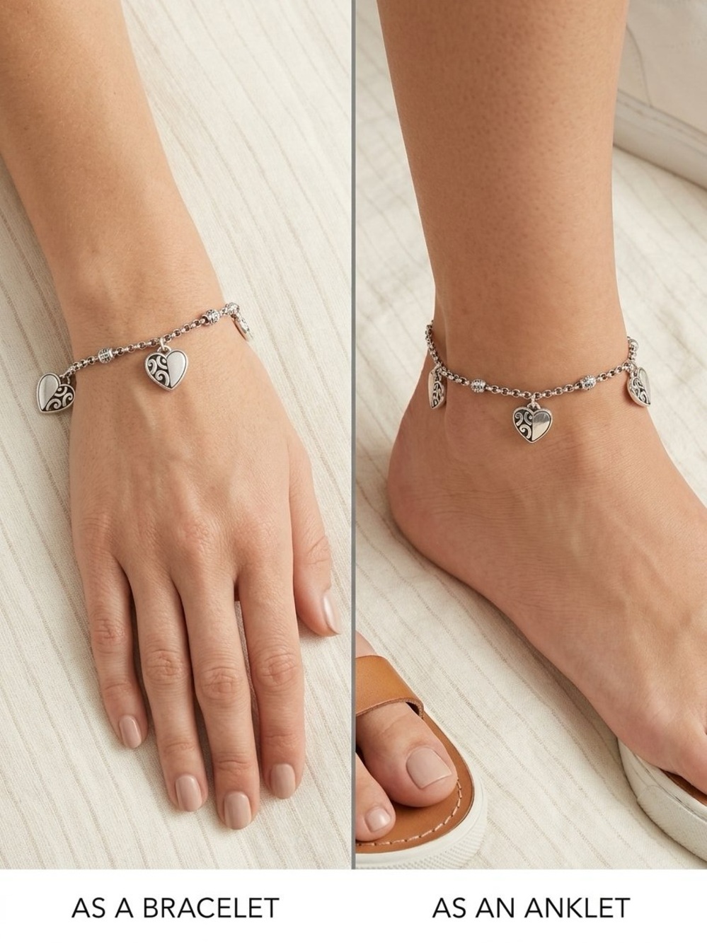 Vintage Brighton Triple Reno Heart Charm Bracelet Anklet Silver Plated Filigree